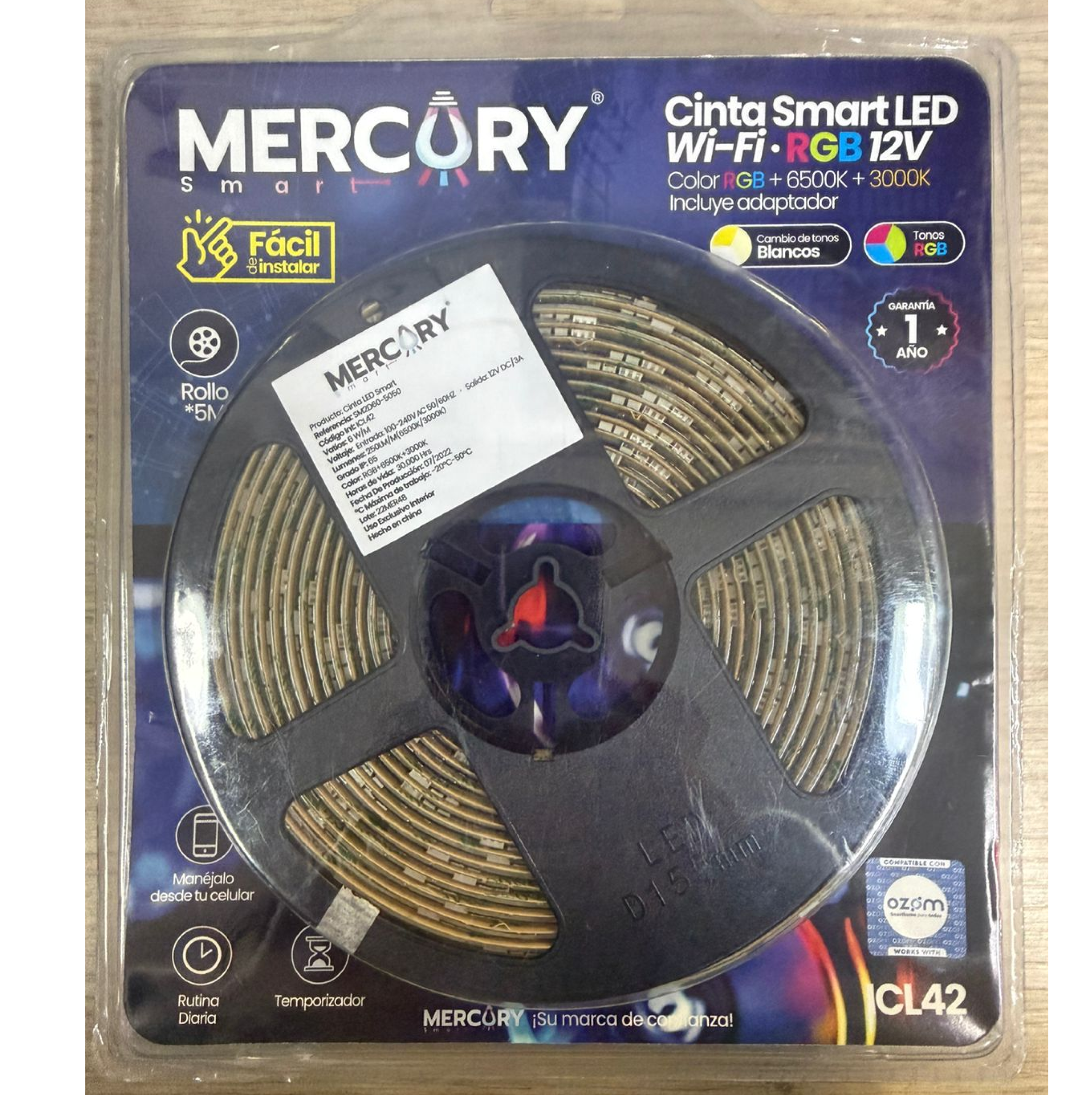 CINTA LED SMART WIFI RGB + 6500K + 3000K C/CONTROL 12V ROLLO 5M REF ICL42 MERCURY