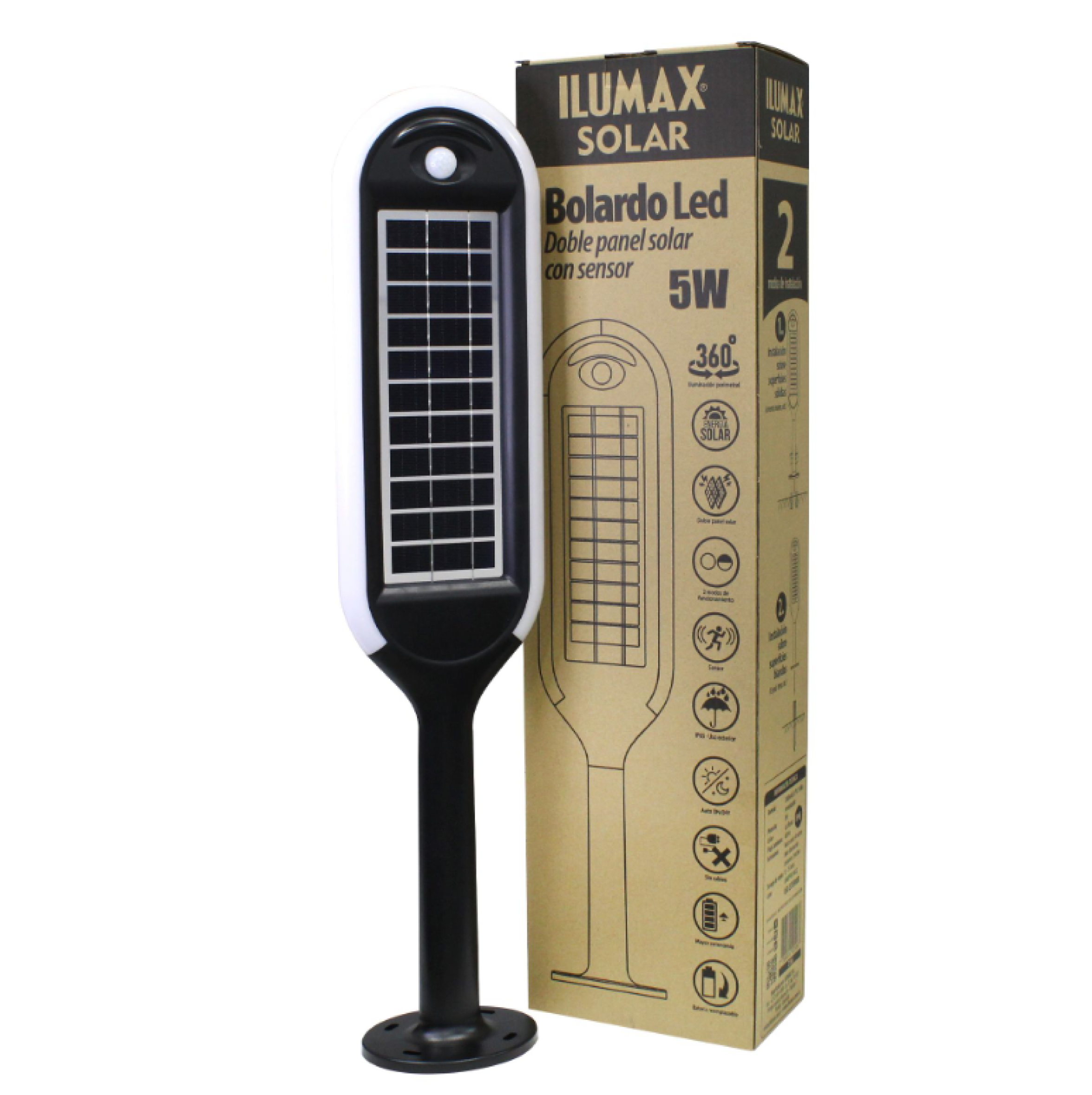 BOLARDO LED 5W DOBLE PANEL SOLAR 360° CON SENSOR ILUMAX 2106 - Imagen 4
