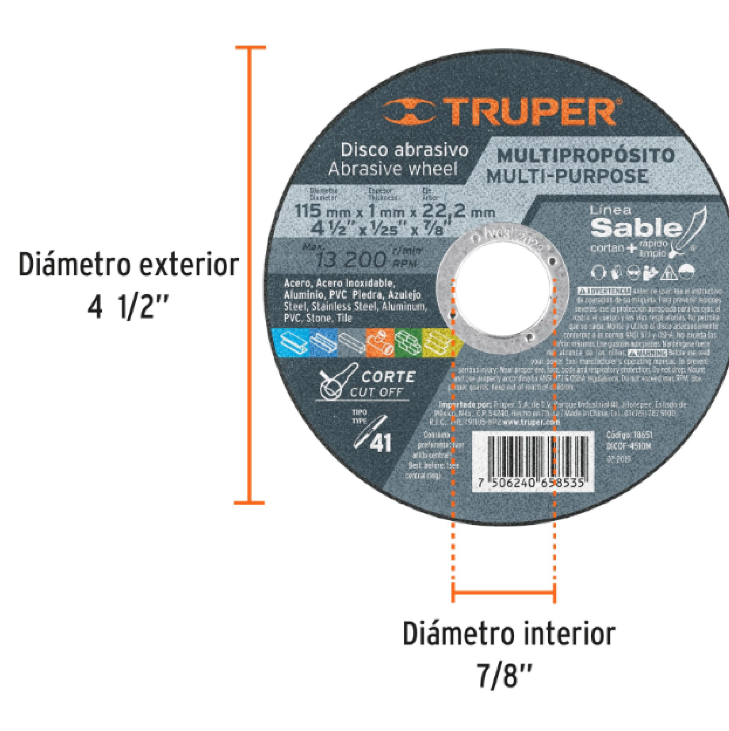 DISCO CORTE METAL 4 1/2 1mm SABLE TRUPER - Imagen 2
