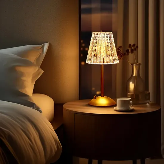 Lámparas de mesa LED recargables con sombra de acrílico cristal, doradas, de moda para el hogar, hotel y restaurante. Iluminación metálica inalámbrica, lámpara de escritorio regulable, luz inalámbrica regulable - China Lámpara