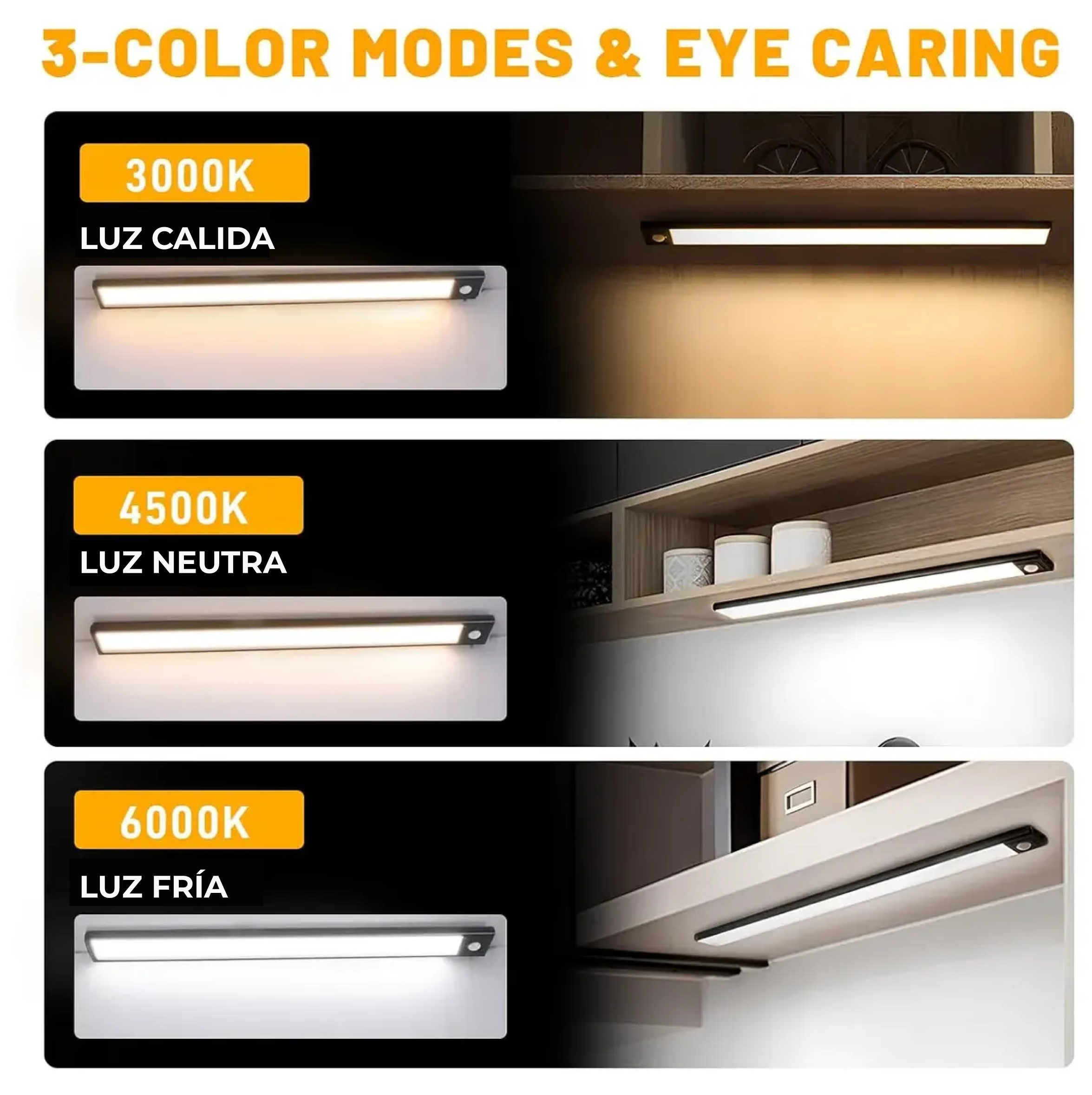 LAMPARA RECARGABLE LED 3CCT ULTRA SLIM C/SENSOR NEGRO 60CM LED GOLD LSR1-007 - Imagen 4