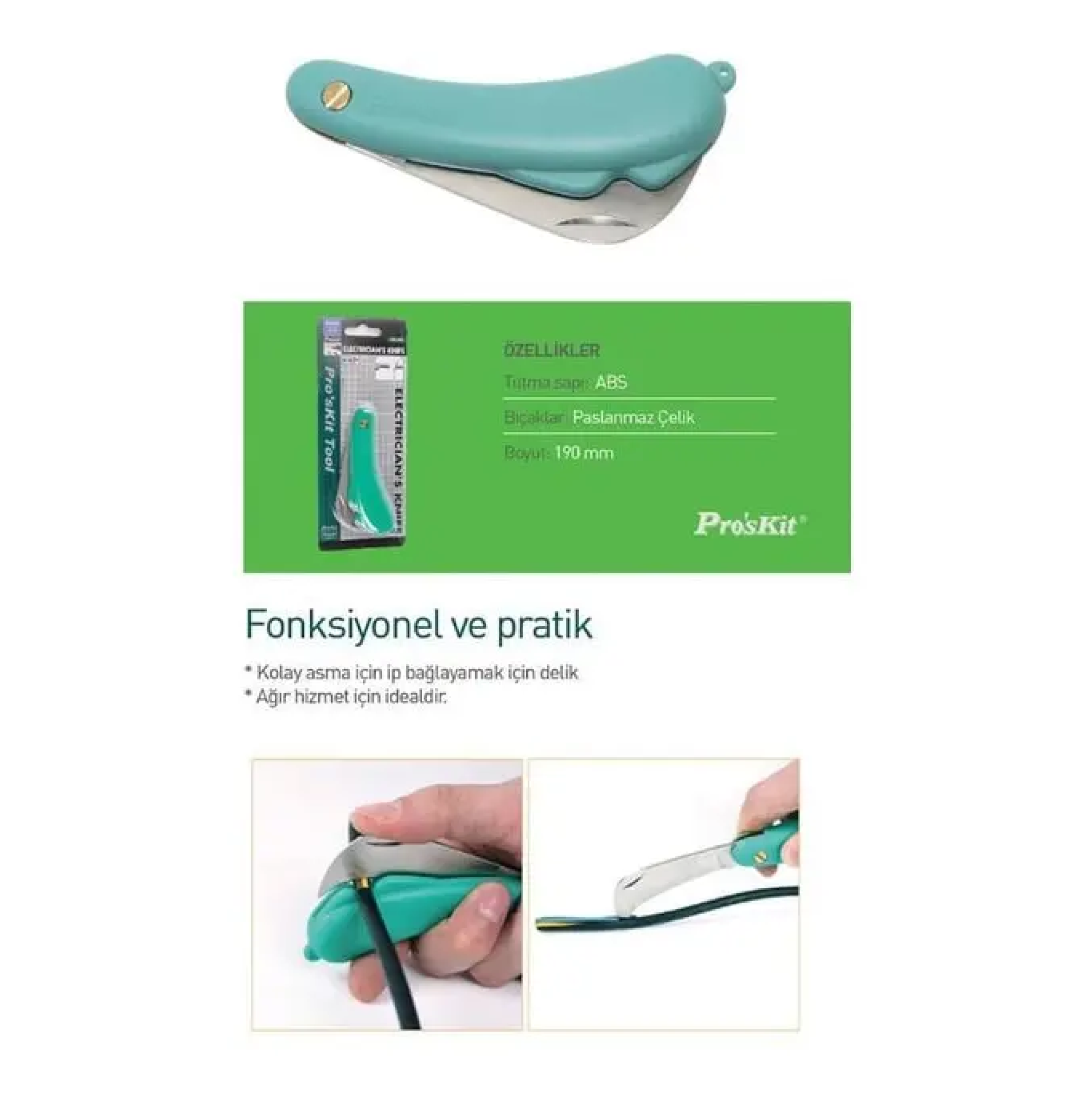 NAVAJA PICOLORO ELECTRICISTA MANGO VERDE PROSKIT PD-998 - Imagen 2