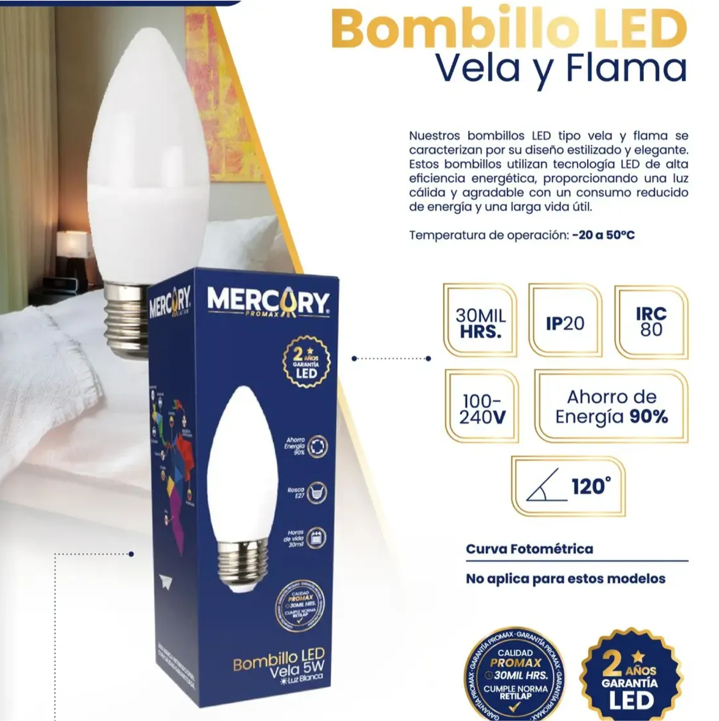 BOMBILLO LED LLAMA 2W VELA E27 110-240V MERCURY REF IBL105 - Imagen 4