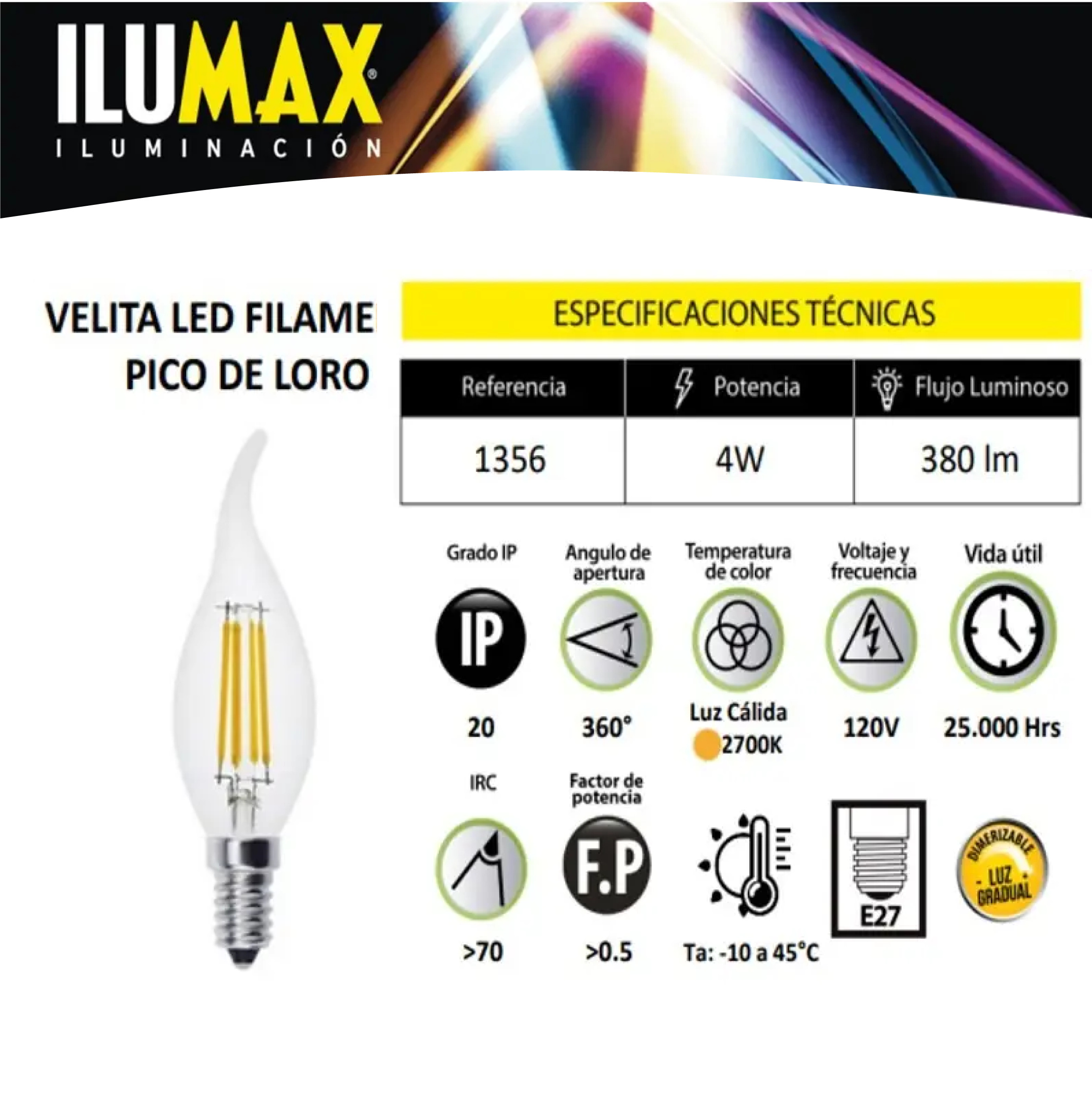 LED VELA 4W 3000K E-27 FILA DIMME PICO ILUMAX REF 1356 - Imagen 6