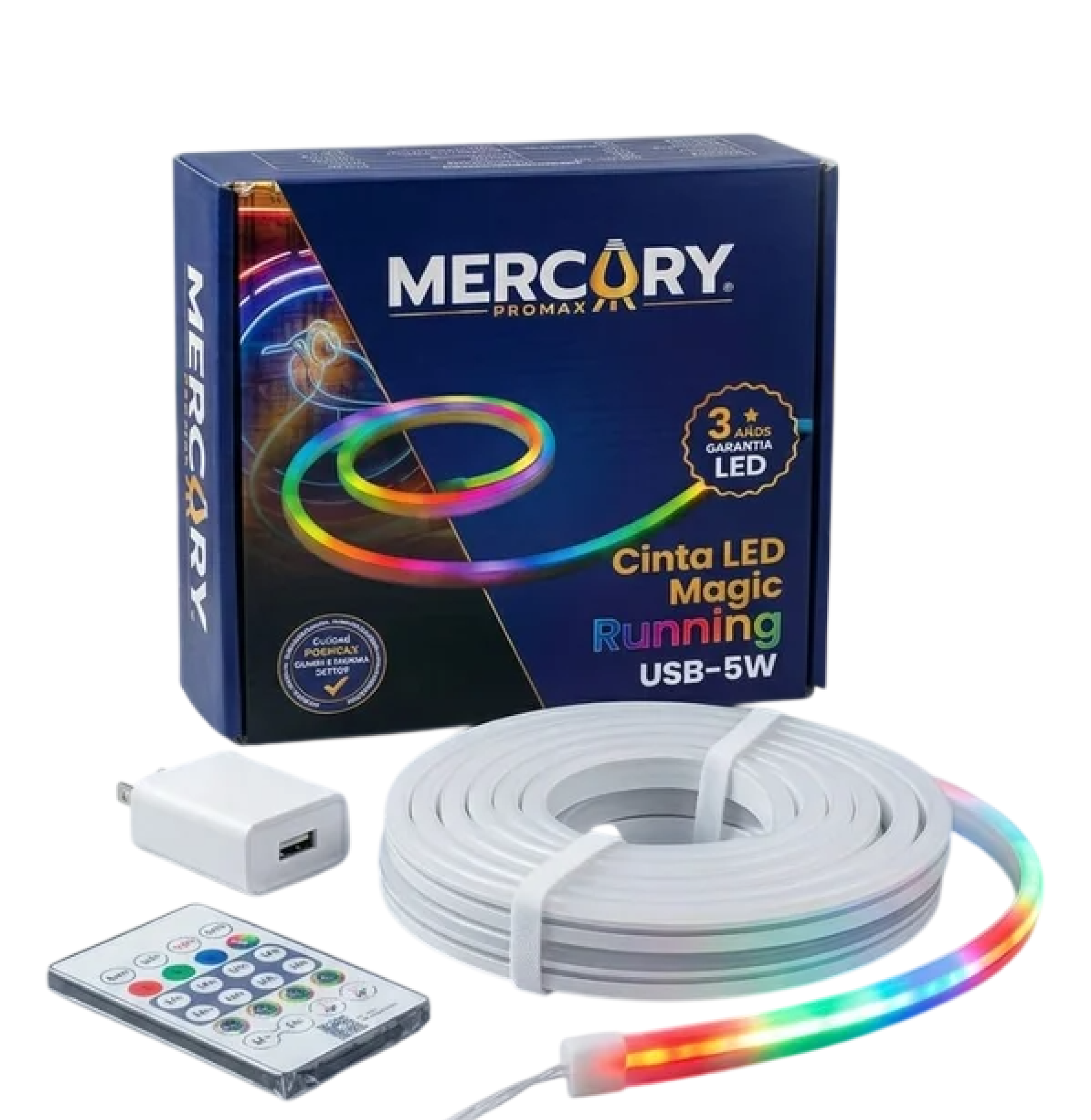 CINTA LED NEON FLEX USB 5W 5MTR ULTRATHIN RGB + CONTROL Y FUENTE MAGIG RUNNING MERCURY ICL253