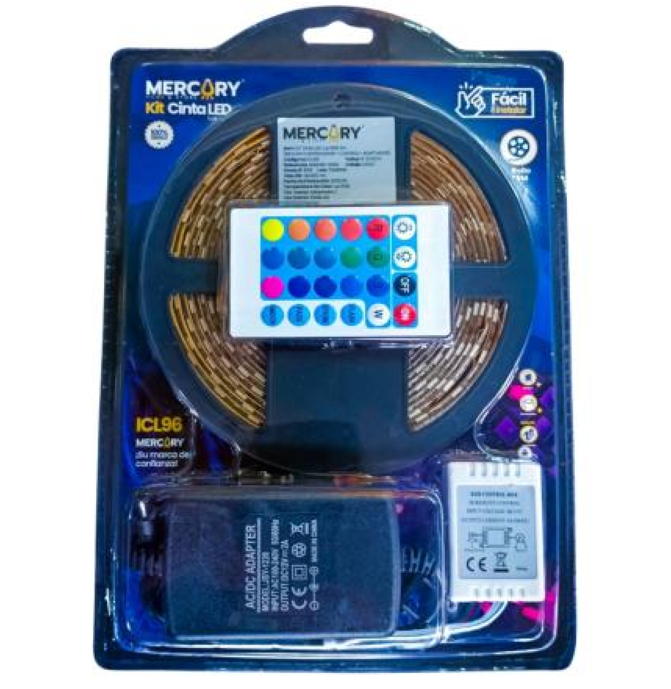 KIT CINTA LED RGB 5M C/ CONTROL + CONTROLADOR + ADAPTADOR MERCURY REF ICL96