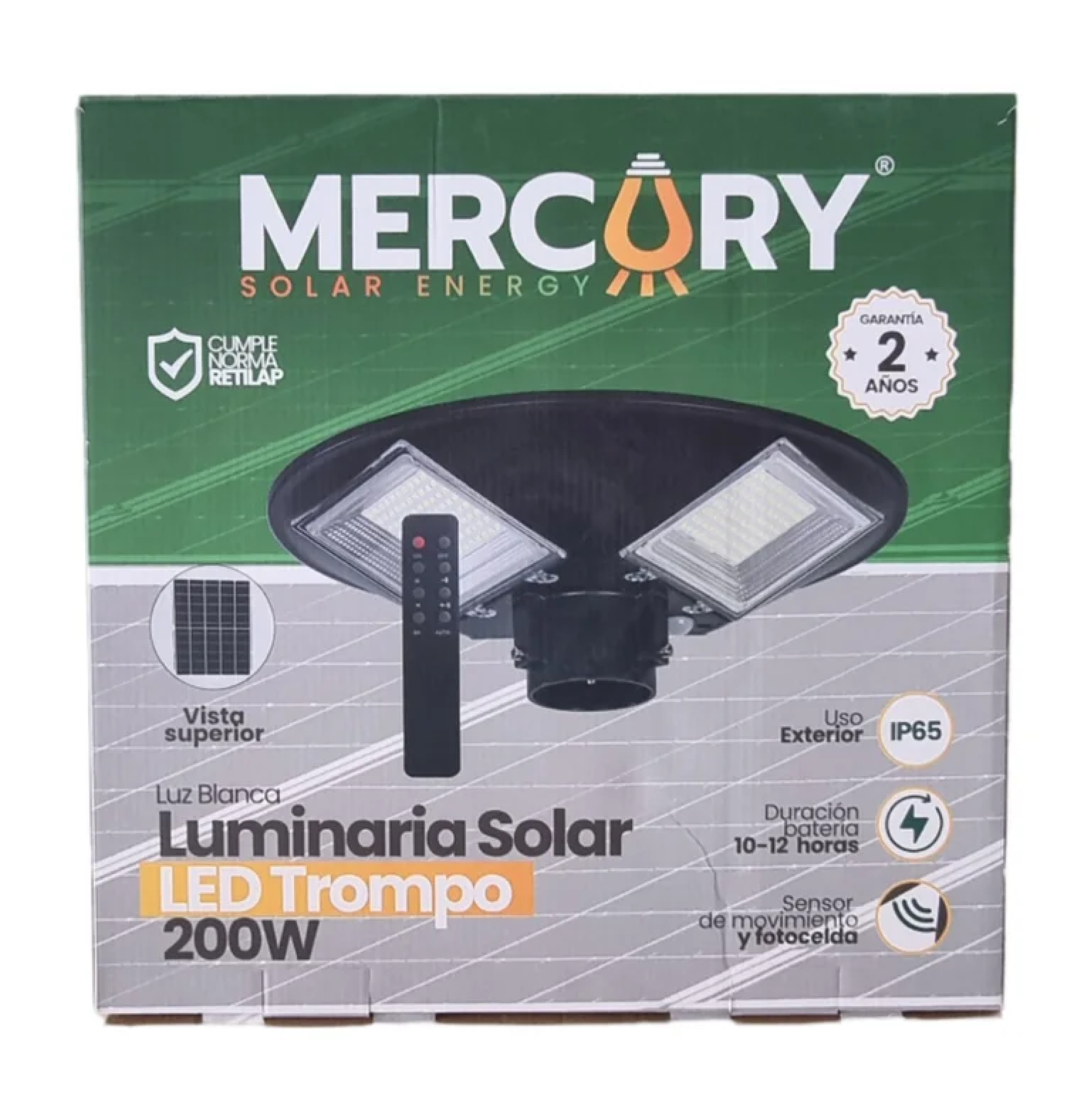 LUMINARIA LED 300W 6500K SOLAR TROMPO C/SENSOR MERCURY REF ISL95 - Imagen 2